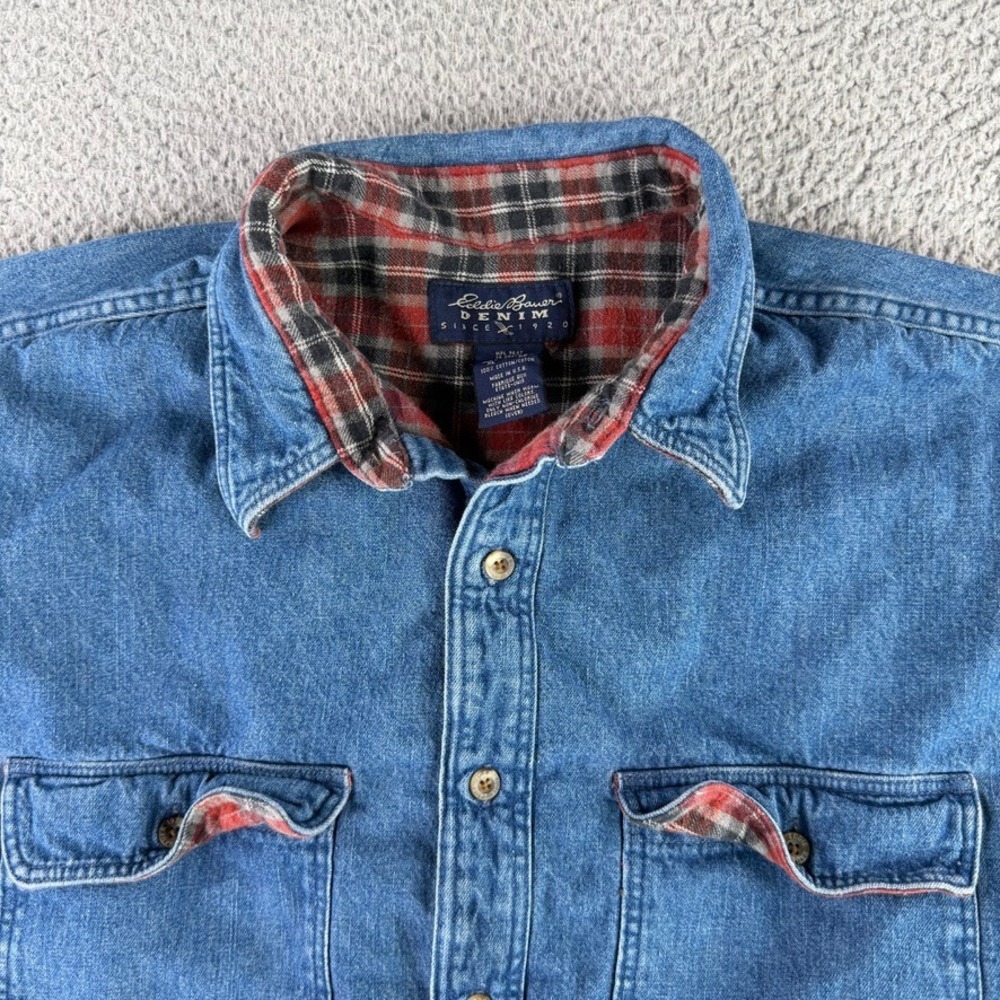 Eddie Bauer Denim Shirt Mens XL Tall Blue Flannel Lined Plaid Made in USA Heavy